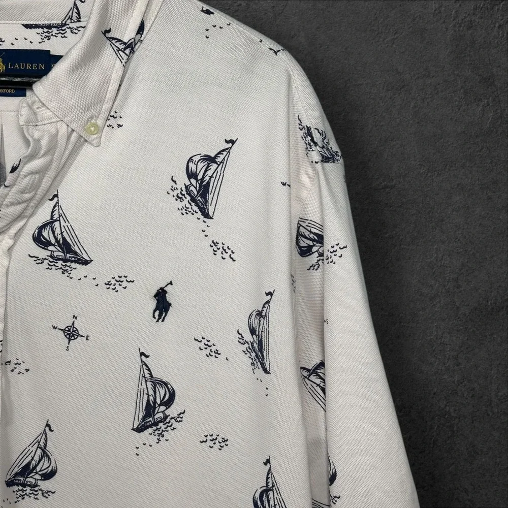 Ralph Lauren Polo Shirt Mens‎ XXLT Oxford All Over Print Sailboat Print Nautical